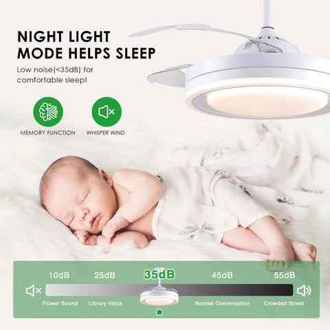 Modern 42-Inch Retractable Ceiling Fan With LED Lights And App Control above sleeping baby, promoting quiet sleep environment