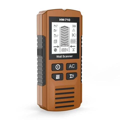 Brilluxa Stud Finder, Wall Scanner Digital Detector with LCD Display for Wood Studs, Metal Pipes and Live AC Wires Behind Drywall (Yellow), side view with buttons.