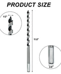 Twelve Inch Wood Auger Drill Bit With One Half Inch Diameter And Three Eighths Inch Hex Shank Self Feeding Ship Auger For Hardwood Softwood And Composite Materials Durable High Carbon Steel For Fast Drilling And Clean Holes shown with size dimensions