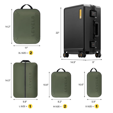 Front view of LEVEL8 20-inch black zipperless carry-on suitcase with aluminum frame and spinner wheels