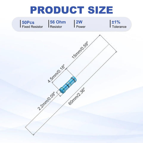 56 Ohm Metal Film Resistor Kit For DIY Electronics Builders, 50 Pieces, Two Watt, One Percent Tolerance, Fixed Resistors For Circuit Boards, Computers, And Televisions. Blue 56 ohm 2W resistor, 60mm length, ±1% tolerance