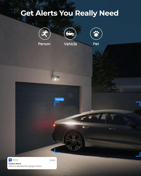 Slick 4K PoE Outdoor Security Camera Duo With Tough Built In Led Floodlight captures vehicle near garage door at night.