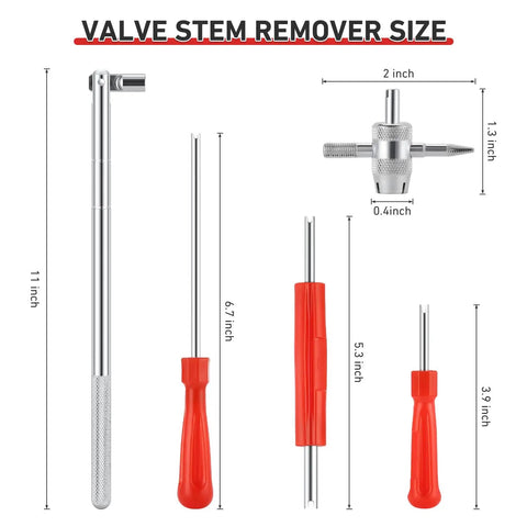 All In One Valve Stem Tool Kit For Tubeless Tires With Puller Core Remover 4 Way Valve Tool showing various tool sizes