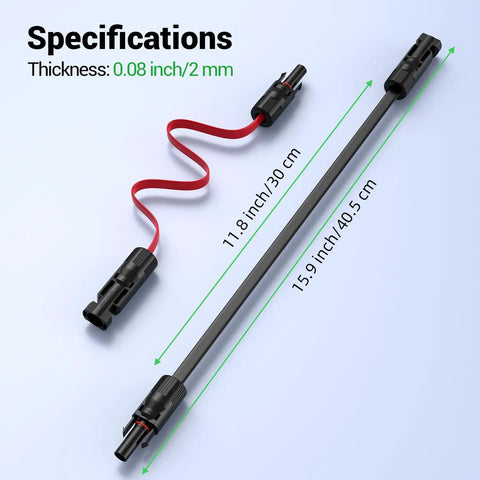 Flat Solar Panel Extension Cables 12 AWG 4mm2 Set Of 2 With Waterproof Male And Female Connectors 15 Inch Length Each PV Wire