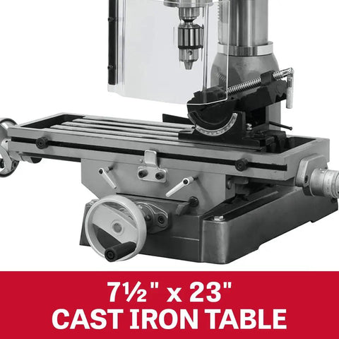 Heavy Duty 15 Inch Mill Drill Shop Beast With 1 Hp Motor Swaps Between 115 And 230 Volts Plug In And Go Layout cast iron table measuring 7½" x 23".