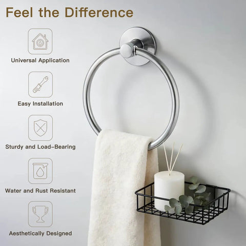 Self Adhesive Towel Ring Wall Mount Brushed Nickel SUS304 Stainless Steel Rustproof Hand Towel Holder in bathroom.