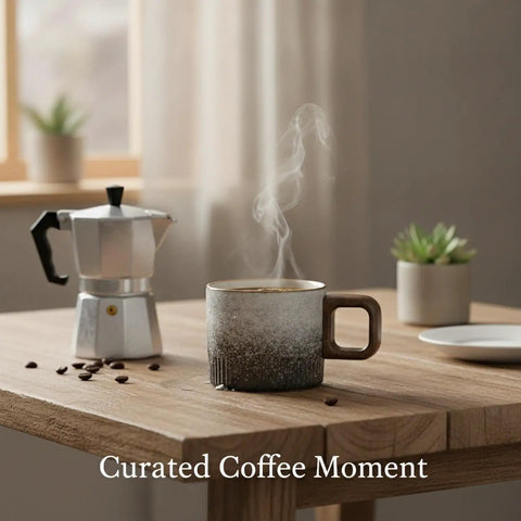 Premium Durable Ceramic Espresso Cup With Wooden Handle 1.7 Oz Demitasse with steam on wooden table next to coffee maker.