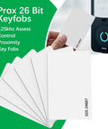 Blank 125KHz T5577 Proximity Cards Writable Blank White CR80 Size Proximity ID Cards displayed in front of access control device