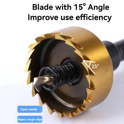 Close-up of Hardcore Hss Titanium Hole Saw Kit with 15° angle blade for efficient cutting through metal and plastic.