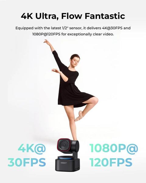 Ultra Compact 4K AI Webcam Featuring Buttery Smooth Auto Tracking And Triple Mic Array Lightweight Streaming Camera next to a dancer.
