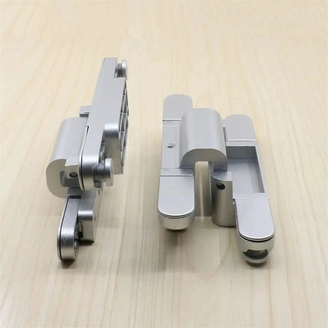 Invisible 2D T Hinge adjustable 180 degree wood door hardware heavy duty hidden hinge silver finish on wooden surface