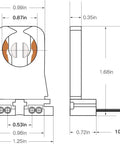 Diagram of 30 Pack Non Shunted Turn Type T8 Lamp Holder UL Socket Tombstone with dimensions, 10 inch wires for retrofit.