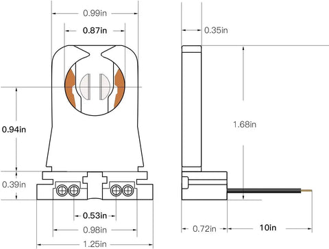 Diagram of 30 Pack Non Shunted Turn Type T8 Lamp Holder UL Socket Tombstone with dimensions, 10 inch wires for retrofit.