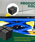 Set Of 4 Pinch Weld Blocks With Solid Rubber Lift Spacers used in automobile lifts, shown on a blue hydraulic jack