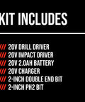 List of items included in the Heavy Duty 20V Brushless Drill And Impact Driver Combo Kit With 2.0Ah Battery Charger.