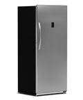 Twenty One Cubic Feet Upright Convertible Refrigerator Freezer Combo With Adjustable Drawers For Stashing Fresh Groceries And Keeping Cold Bevvies Chilled In Your Garage side view in stainless steel finish.