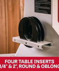 Benchtop Oscillating Spindle Sander With One Half Horsepower 115 Volt Single Phase Precision Ball Bearing Spindle Support with four table inserts shown