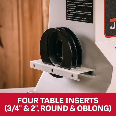 Benchtop Oscillating Spindle Sander With One Half Horsepower 115 Volt Single Phase Precision Ball Bearing Spindle Support with four table inserts shown