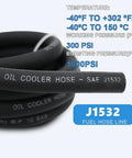 Close-up of Heavy Duty Three Quarter Inch Transmission Oil Cooler Hose Ten Foot Rubber Coolant Line with pressure ratings.