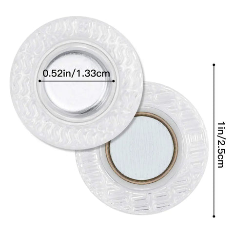 Set Of Twenty Five Mini Invisible Magnetic Snaps With Badass Hold For Baby Bibs Kids Apparel And DIY Craft Sewing Projects Round PVC hardware shown with dimensions, clear plastic casing.