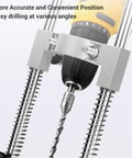 Close-up of Adjustable Handheld Drill Stand With 45 Degree Angle Drill Press Adapter for DIY projects and precise holes