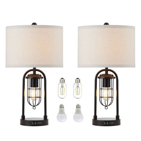 Farmhouse Table Lamps With USB Ports And AC Outlet 3 Way Dimmable Touch Control Nightstand Set With Bulbs Included for living room