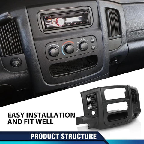 Two-piece dash center radio bezel trim panel with storage box for Dodge Ram 1500/2500/3500, solid black, front view