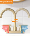 Gold 4 Inch Center Set Bathroom Faucet With Pop Up Drain, 2-Handle Sink Faucet, 360-degree swivel, brushed gold finish