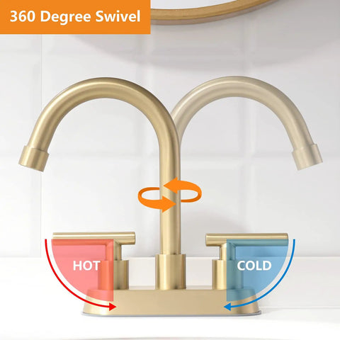 Gold 4 Inch Center Set Bathroom Faucet With Pop Up Drain, 2-Handle Sink Faucet, 360-degree swivel, brushed gold finish