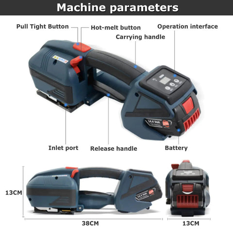 Heavy Duty Cordless Electric Strapping Machine For Pet And Pp Bands With Lithium Battery, side view showing handle and buttons.