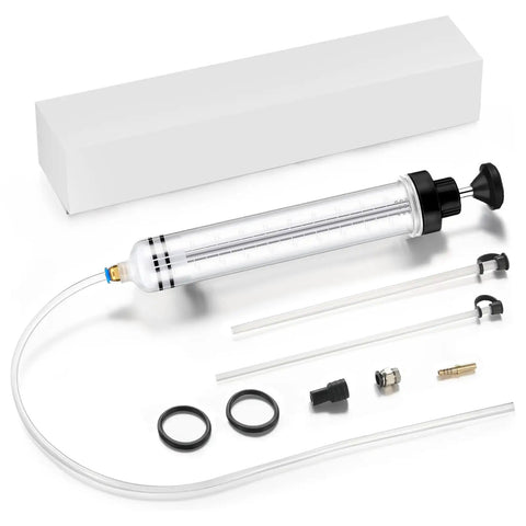 500Cc Fluid Extractor And Fill Pump With 27 Inch Hose And Two 12 Inch Extension Tubes for cars and lawn mowers, accessories included.