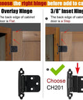 Comparison of overlay and Three Eighths Inch Inset Cabinet Door Hinges Matte Black Finish 60 Pack Heavy Duty Self Closing Flush Face Mount