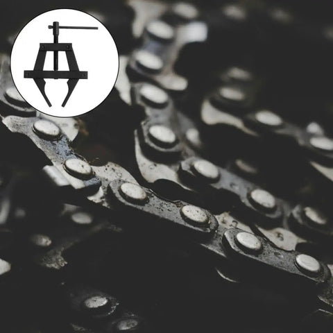 Adjustable Motorcycle Chain Tensioner Tool For Chain Maintenance In Beefy Steel With Easy To Use Design Tighten Remove And Cut Chains Fits A Variety Of Chain Sizes Available In Size S And Size L Industrial Grade shown with a motorcycle chain close-up