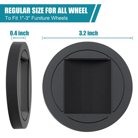 Heavy Duty Black Furniture Stopper 4 Pack Non Slip Rubber Wheel Cups for 1-3 inch furniture wheels, with 3.2 inch diameter.