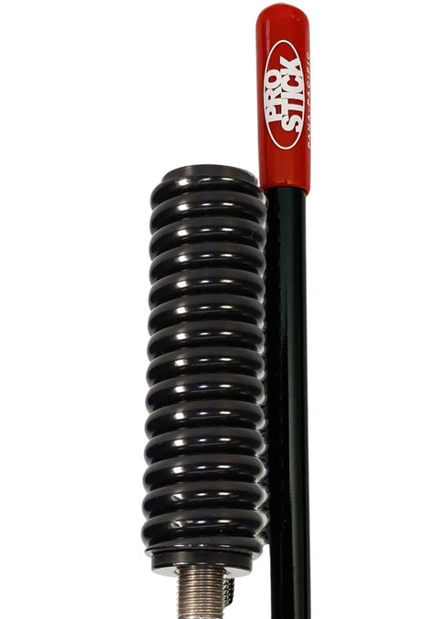 Close-up of 3 Foot Fiberglass CB Radio Antenna Built Beefed Up With 1000 Watt Power, Heavy Duty Black Stainless Steel Spring