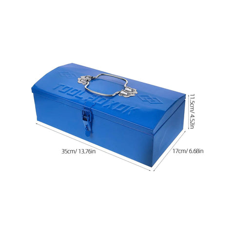 Blue Iron Toolbox With Heavy Duty Lock And Steel Reinforced Corners Comfortable Grip Bar For Hardware Bits Sorting, 35cm, metal case.