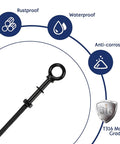 Image showing a Heavy Duty Black Stainless Steel Eye Bolts With Nuts And Washers Set One Quarter Inch Thread Four Inch Mount Length Five Inch Total Length Shoulder Lifting Ring Five Pack With Drill Bit, with a focus on rustproof, waterproof, anti-corrosion features and T316 marine grade quality.