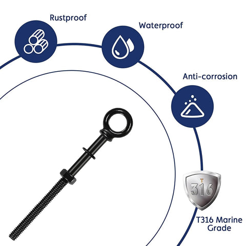 Image showing a Heavy Duty Black Stainless Steel Eye Bolts With Nuts And Washers Set One Quarter Inch Thread Four Inch Mount Length Five Inch Total Length Shoulder Lifting Ring Five Pack With Drill Bit, with a focus on rustproof, waterproof, anti-corrosion features and T316 marine grade quality.