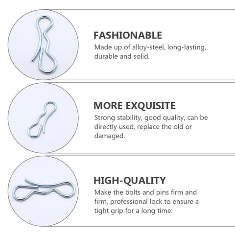 Top Notch 5-Piece Alloy Steel Cotter Pins With Strong Stability And Portable Design showing detailed quality labels for durability and usage.