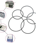 20 Pack Black Round Cassette Recorder Belts 1.5mm Thick Replacement Belts For Tape Decks And Cassette Players, shown with devices