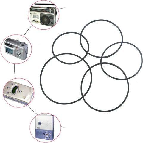 20 Pack Black Round Cassette Recorder Belts 1.5mm Thick Replacement Belts For Tape Decks And Cassette Players, shown with devices