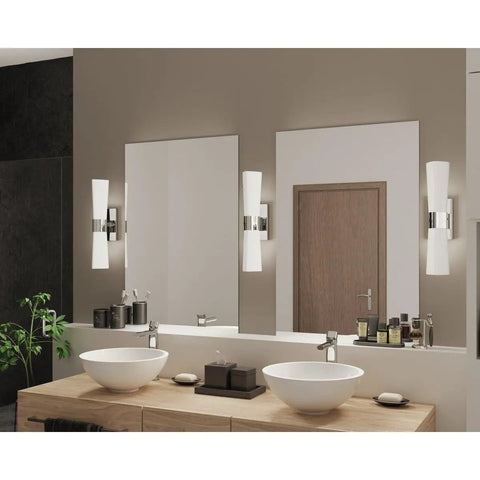 Zura Bath and Vanity Light in Chrome shown in bathroom setting with opal glass, Model P300062-015