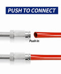 Side view of two chrome inflation Schrader valve push-to-connect fittings with red 1/4-inch air tubing.
