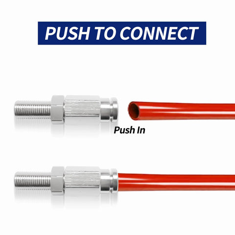 Side view of two chrome inflation Schrader valve push-to-connect fittings with red 1/4-inch air tubing.