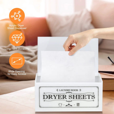 Hand reaching into Slick Clear Dryer Sheet Holder With Lid Fabric Softener Dispenser For Laundry Room Decor See Through Sheets