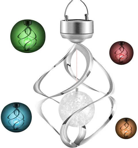 Solar Powered LED Wind Chime Outdoor Lights For Yard Decor Color Changing Hanging Light For Garden Patio Balcony And Lawn Lit Night Glow Perfect Gift For Women Moms Grandma with spiral design and glowing spheres.