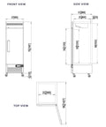 Top Shelf One Door Reach In Freezer Packing 23 Cubic Feet Of Roomy Cold Storage Built Tough For Hustling Commercial Kitchens dimensions front side and top views