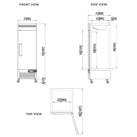 Top Shelf One Door Reach In Freezer Packing 23 Cubic Feet Of Roomy Cold Storage Built Tough For Hustling Commercial Kitchens dimensions front side and top views