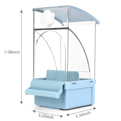No Sweat Hassle Free Automatic Bird Feeder With Green Comfort Perch For Cage self flowing acrylic seed dispenser angled view