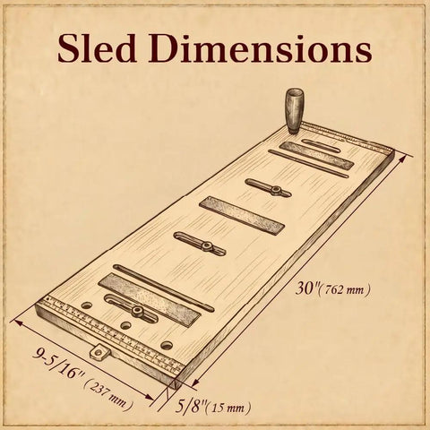 Heavy Duty Table Saw Taper Jig Featuring Triple Adjustable Clamps And A Robust Aluminum Fence For Dead On Bevel Cuts And No Sweat Setup on Sled Dimensions with measurements.